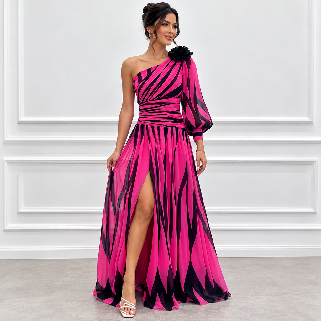 Margaux Sinclair | One-Shoulder Chevron Maxi Dress