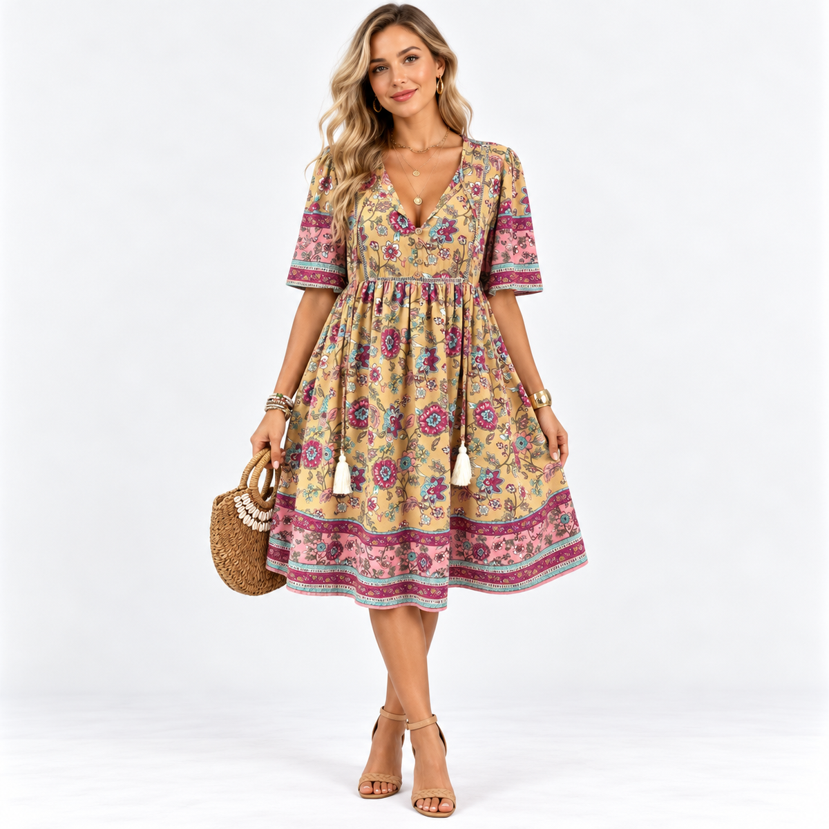 Margot Delacroix | Floral Summer Dress With Tie Neck Detail