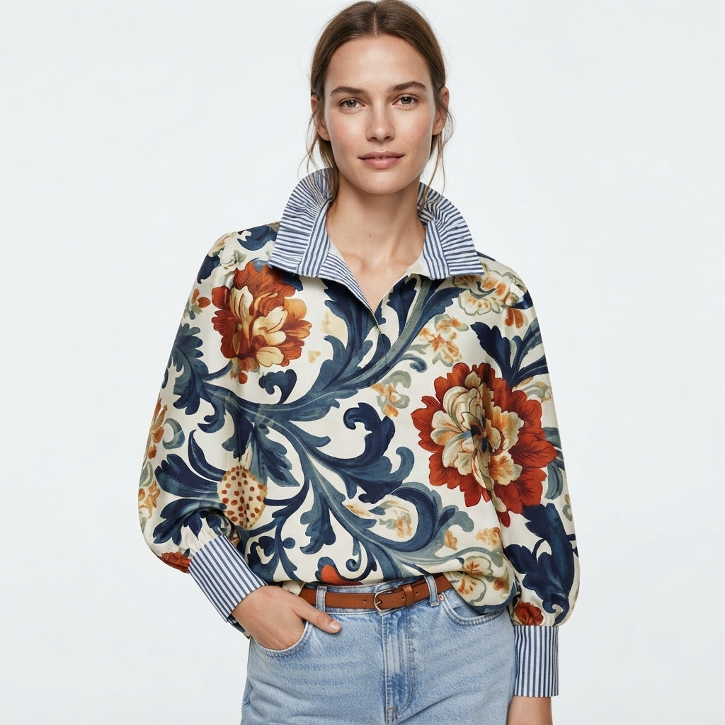Marigold Sinclair | Floral Print Blouse with Striped Collar