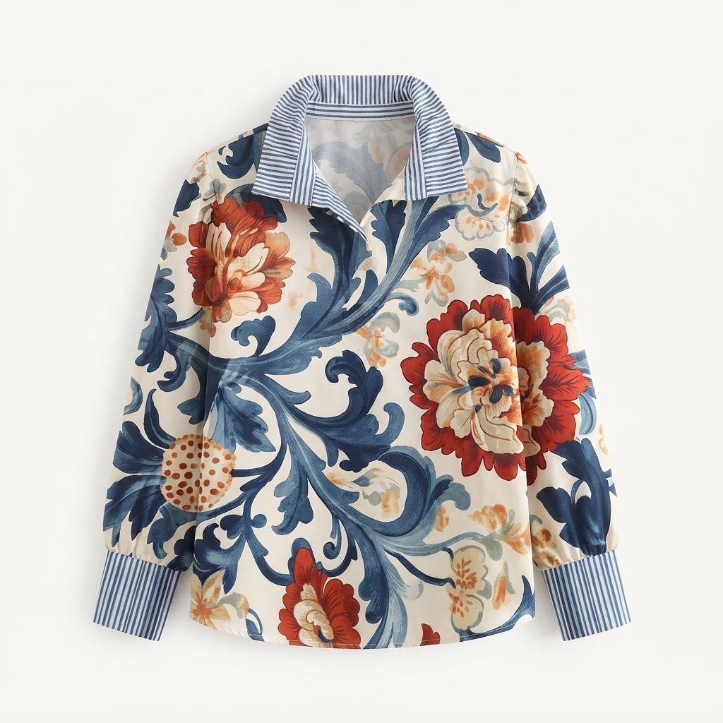 Marigold Sinclair | Floral Print Blouse with Striped Collar