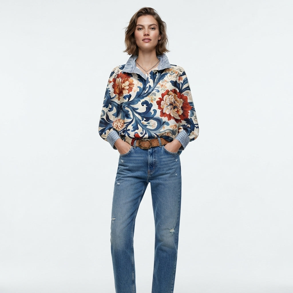 Marigold Sinclair | Floral Print Blouse with Striped Collar