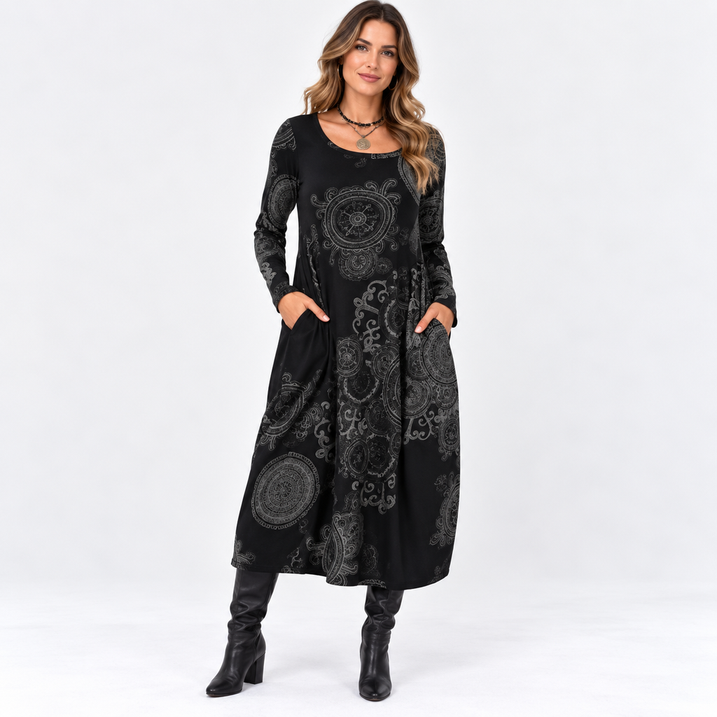 Marina Winslow | Paisley Print Maxi Dress with Long Sleeves