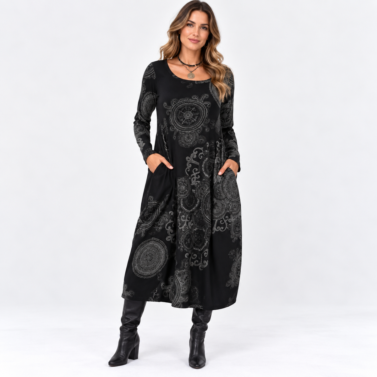 Marina Winslow | Paisley Print Maxi Dress with Long Sleeves
