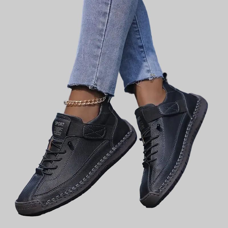 Women's Leather Wide Fit Trainers with Cushioned EVA Sole and Elastic Side Panels