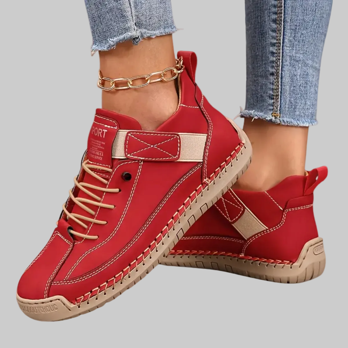Women's Leather Wide Fit Trainers with Cushioned EVA Sole and Elastic Side Panels