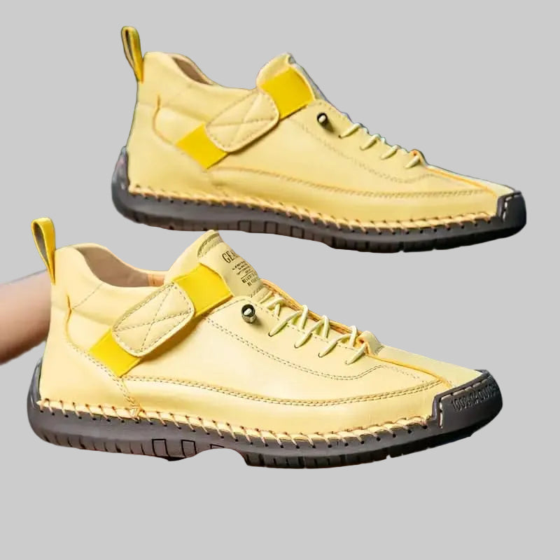 Women's Leather Wide Fit Trainers with Cushioned EVA Sole and Elastic Side Panels