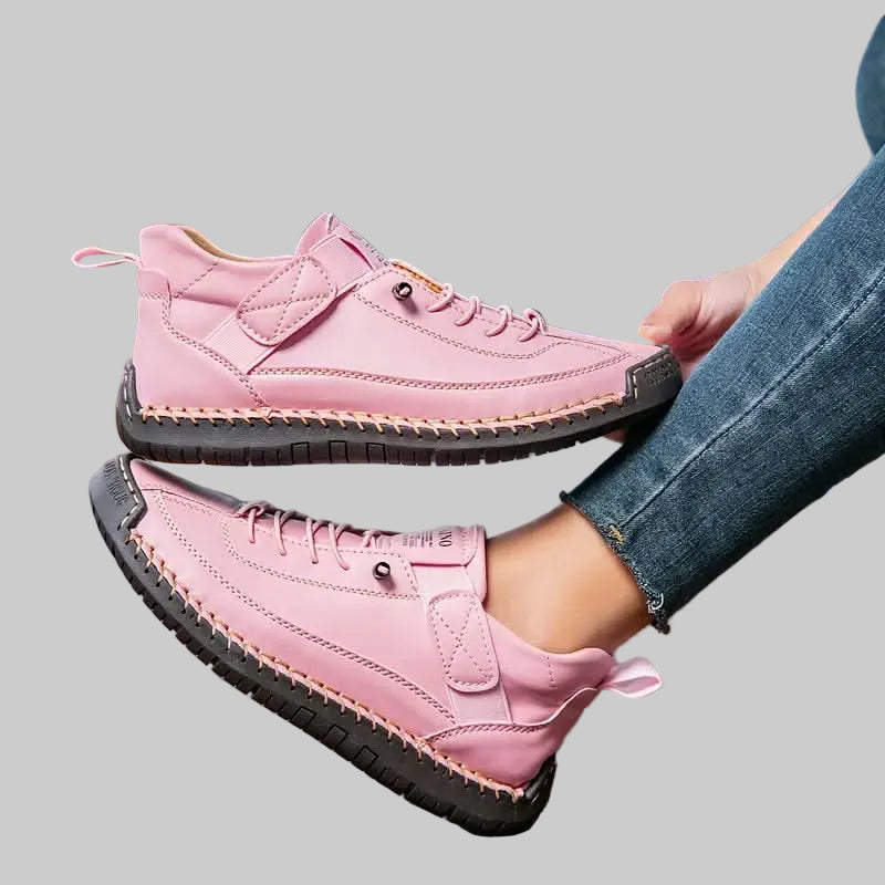Women's Leather Wide Fit Trainers with Cushioned EVA Sole and Elastic Side Panels