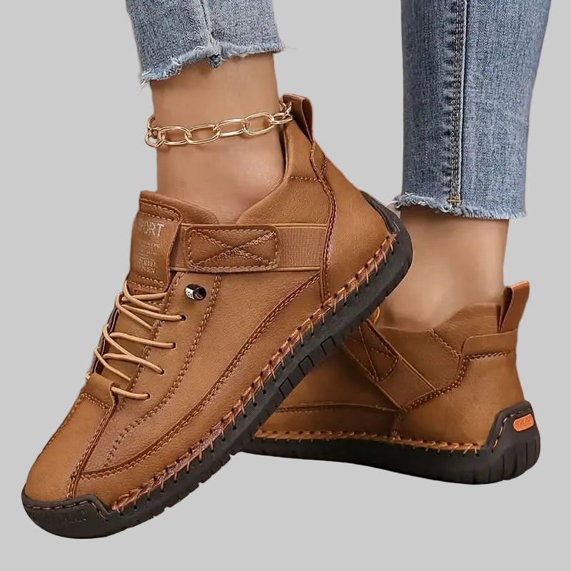 Women's Leather Wide Fit Trainers with Cushioned EVA Sole and Elastic Side Panels