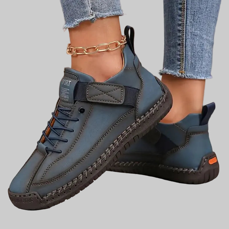 Women's Leather Wide Fit Trainers with Cushioned EVA Sole and Elastic Side Panels