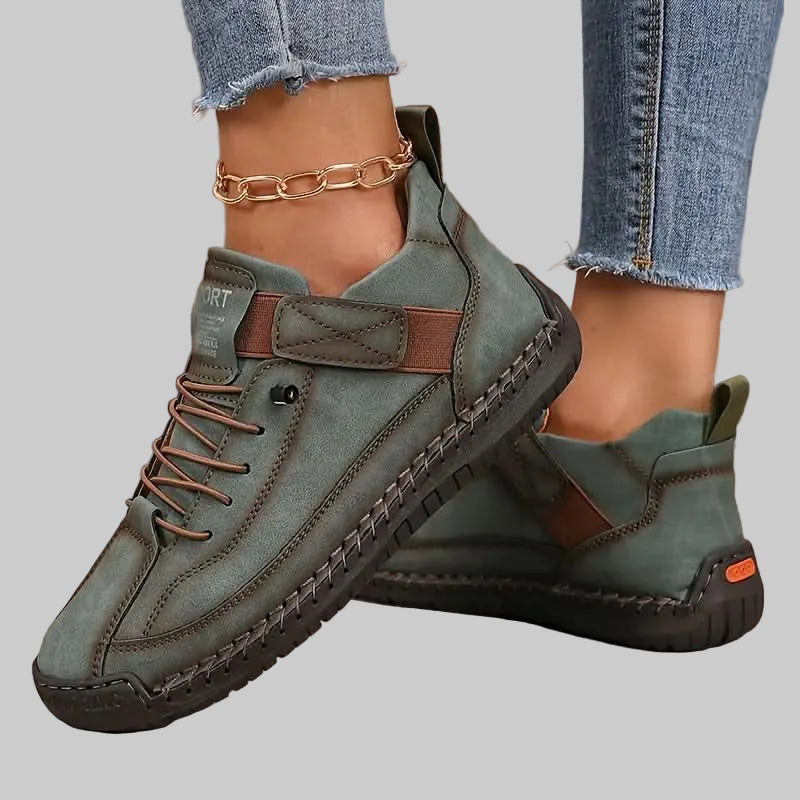 Women's Leather Wide Fit Trainers with Cushioned EVA Sole and Elastic Side Panels