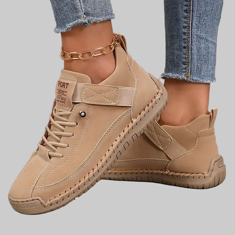 Women's Leather Wide Fit Trainers with Cushioned EVA Sole and Elastic Side Panels