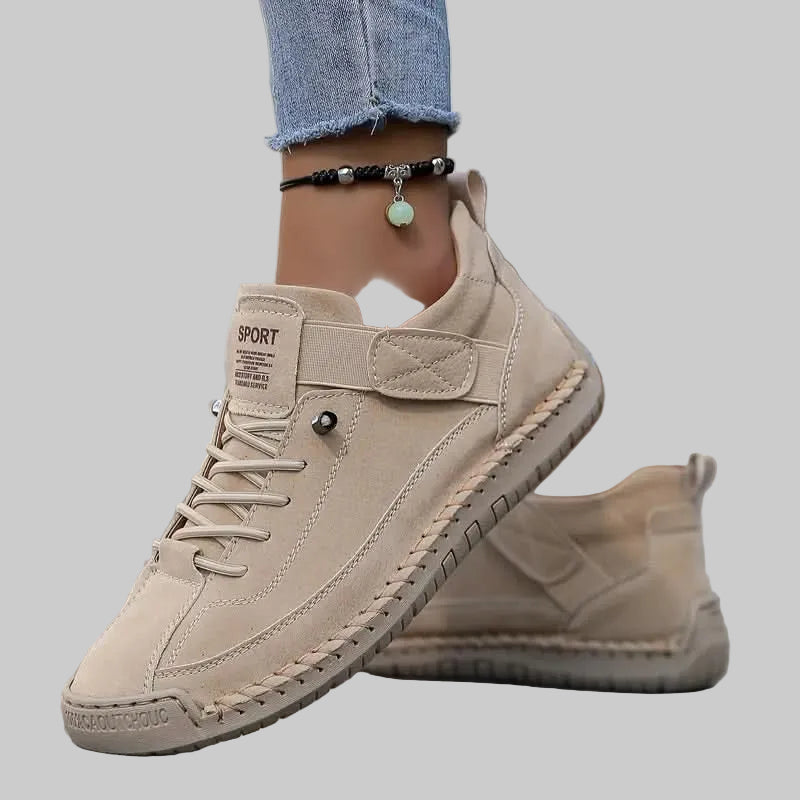 Women's Leather Wide Fit Trainers with Cushioned EVA Sole and Elastic Side Panels