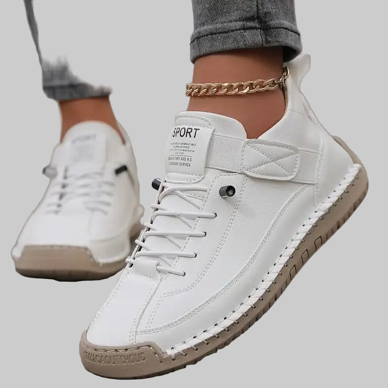 Women's Leather Wide Fit Trainers with Cushioned EVA Sole and Elastic Side Panels