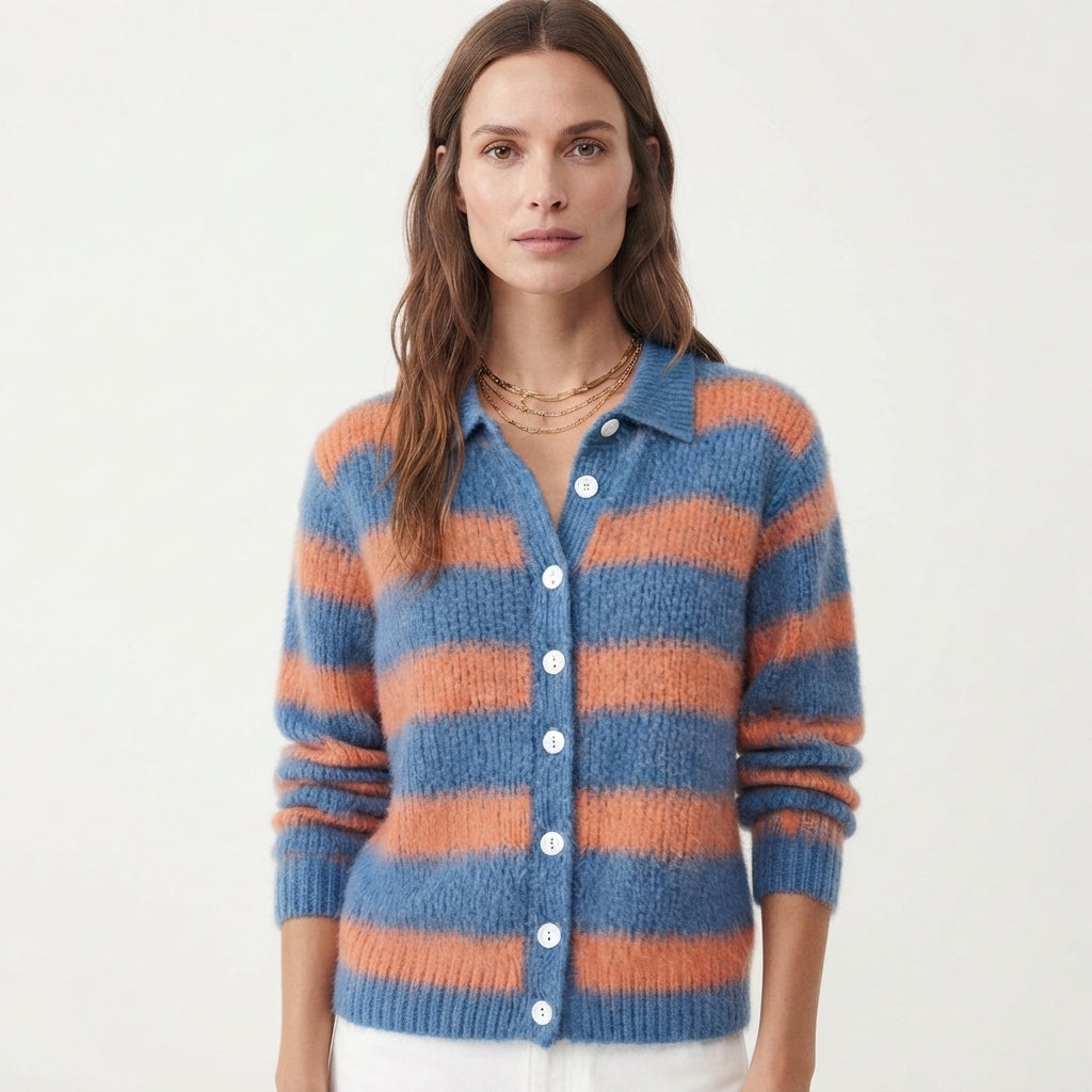 Nancy Fairweather | Collared Striped Knit Cardigan