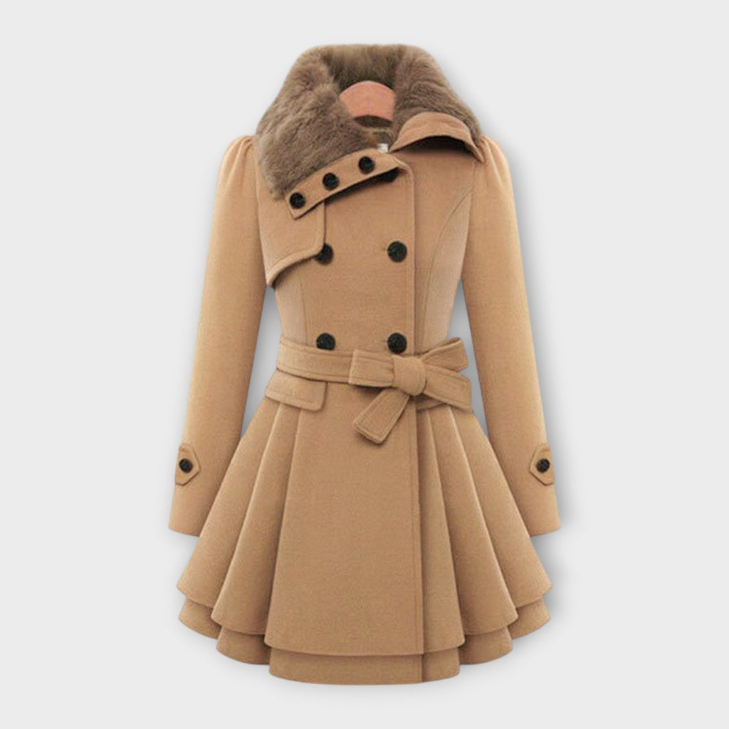 Women's Faux Fur Collar Belted Wool-Blend Coat - Beige