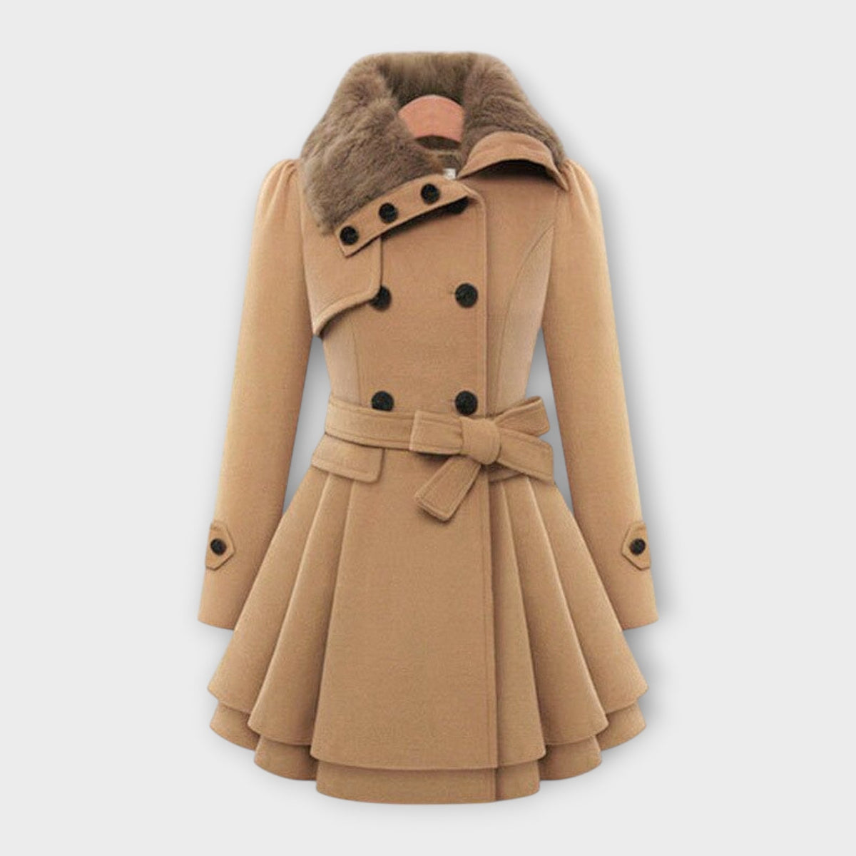 Women's Faux Fur Collar Belted Wool-Blend Coat - Beige