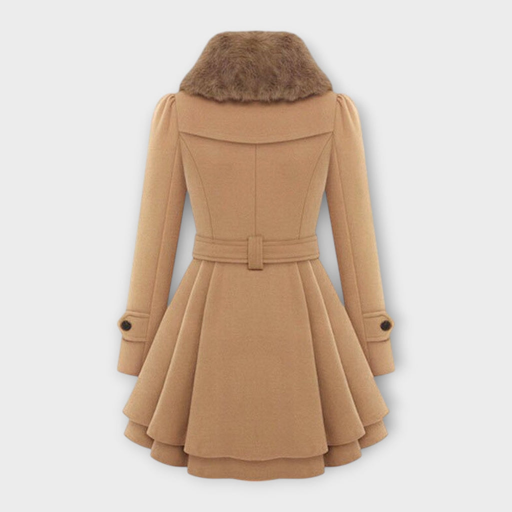 Women's Faux Fur Collar Belted Wool-Blend Coat