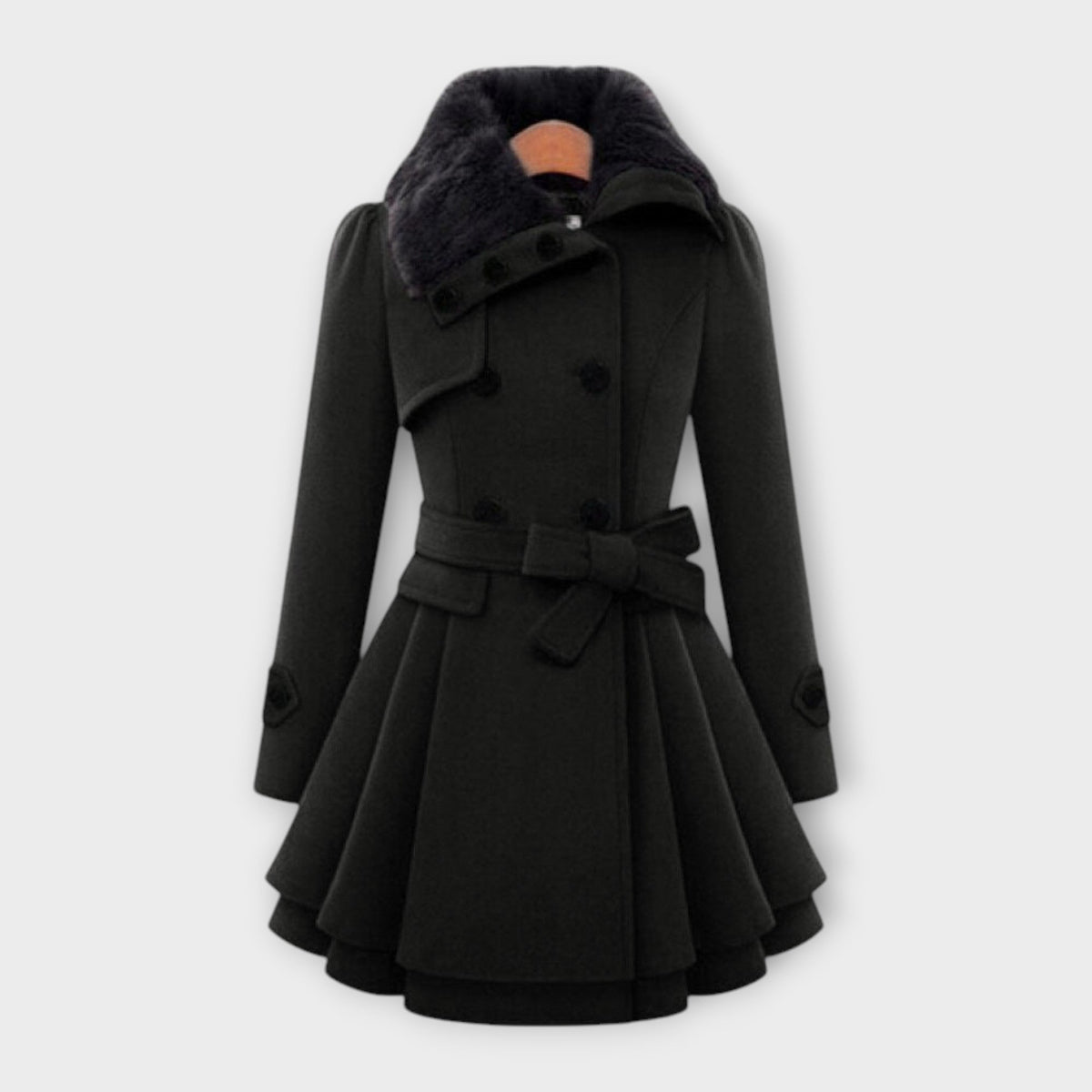 Women's Faux Fur Collar Belted Wool-Blend Coat - Black
