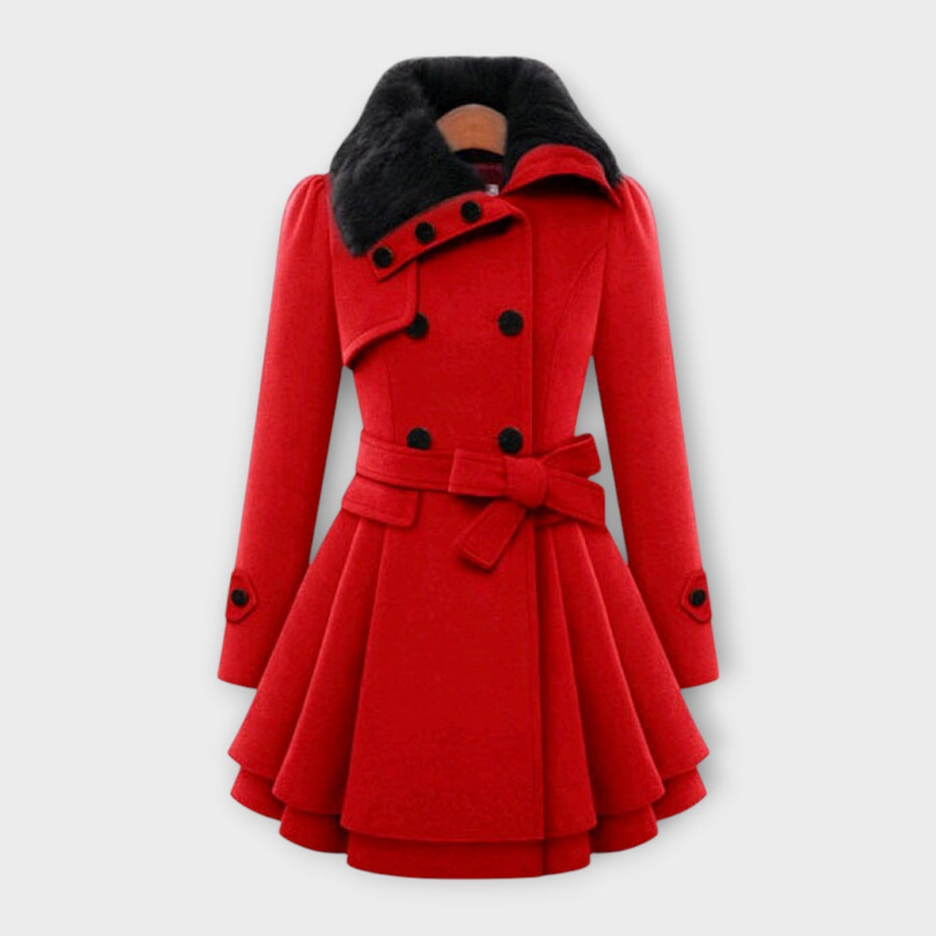 Women's Faux Fur Collar Belted Wool-Blend Coat - Red