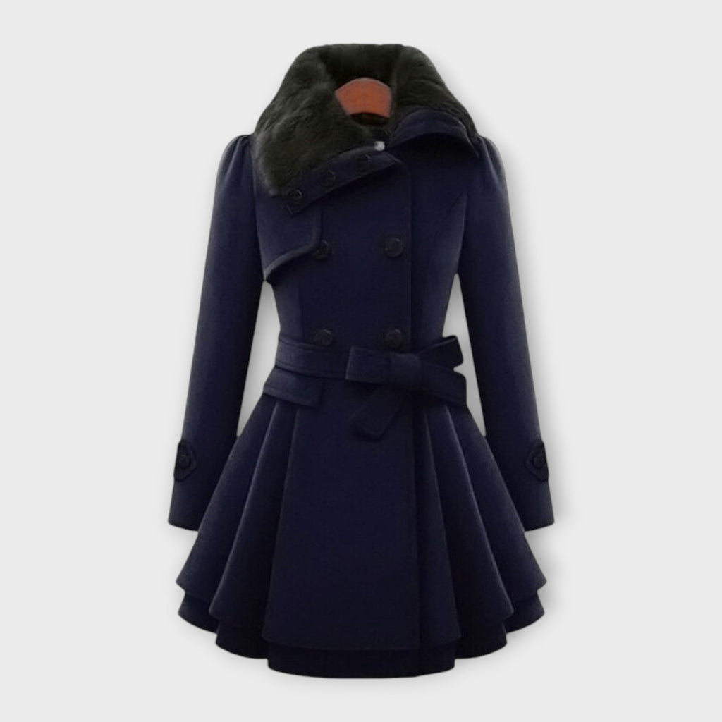 Women's Faux Fur Collar Belted Wool-Blend Coat - Dark Blue