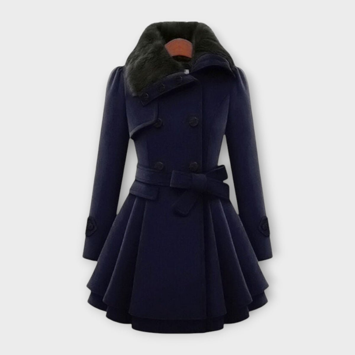 Women's Faux Fur Collar Belted Wool-Blend Coat - Dark Blue