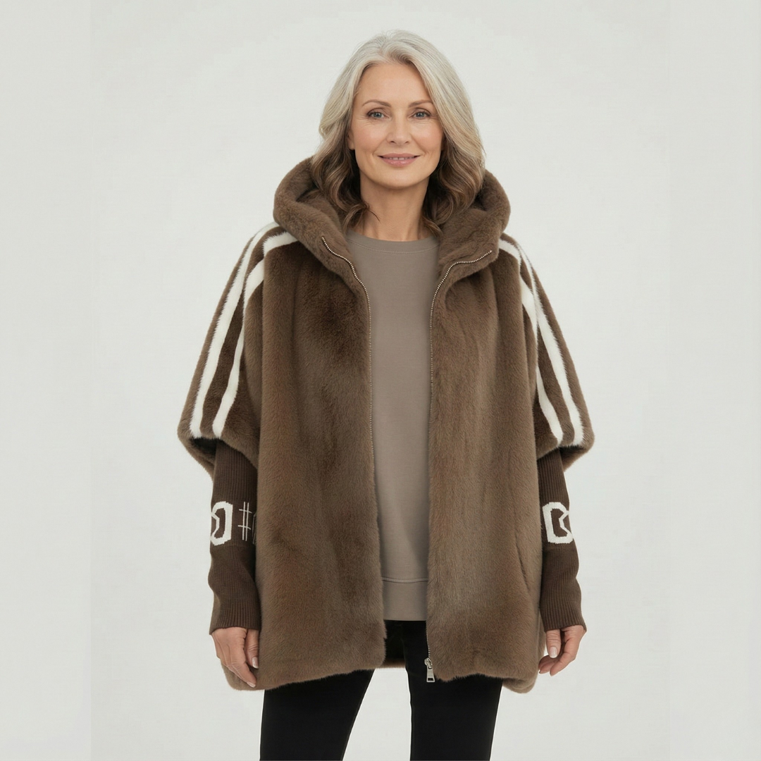 Women's Oversized Hooded Faux Fur Jacket with Ribbed Knit Sleeves