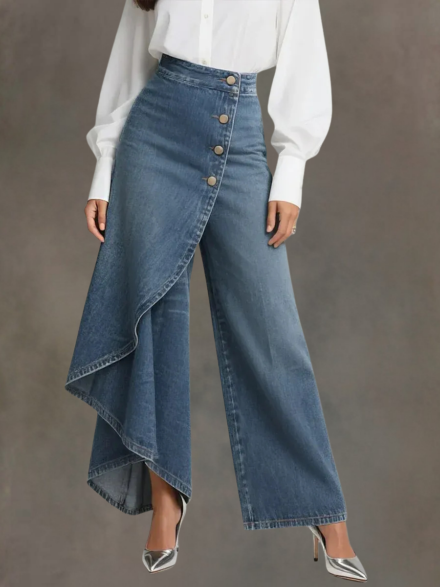 Constance Ridley | High-Waisted Wide-Leg Denim Trousers with Asymmetric Ruffle