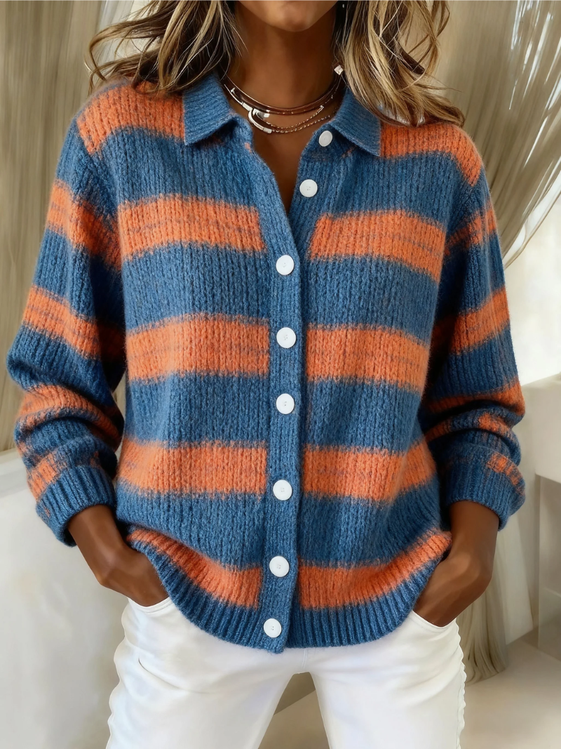 Nancy Fairweather | Collared Striped Knit Cardigan