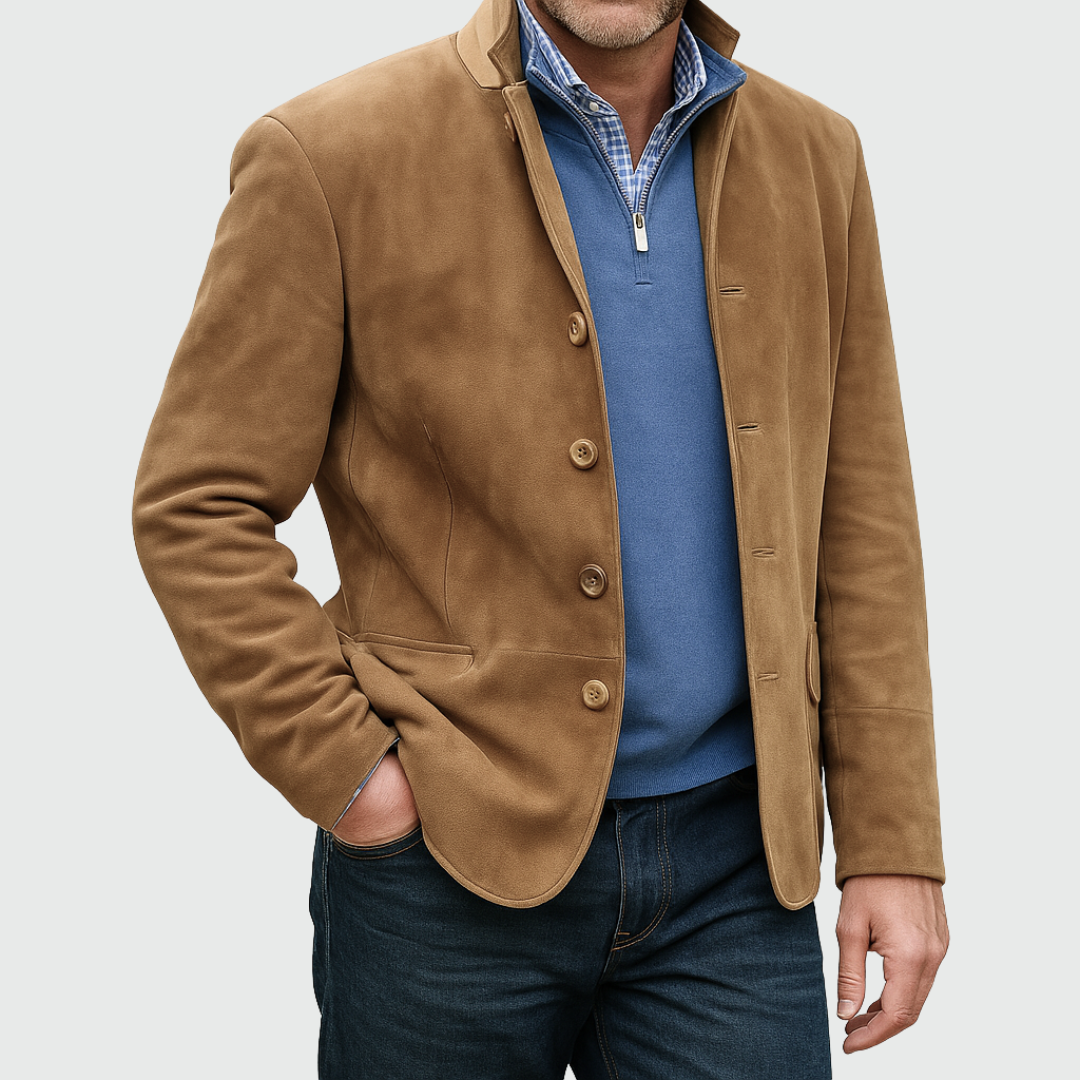 Men's Classic Suede-Effect Button Jacket - Marrone