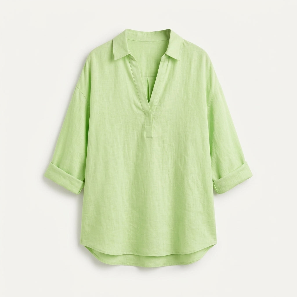 Ophelia Grantham | Pink Linen Blouse With Collared V-Neck