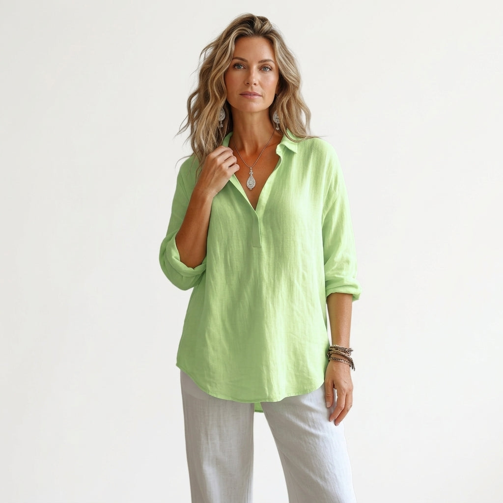 Ophelia Grantham | Pink Linen Blouse With Collared V-Neck