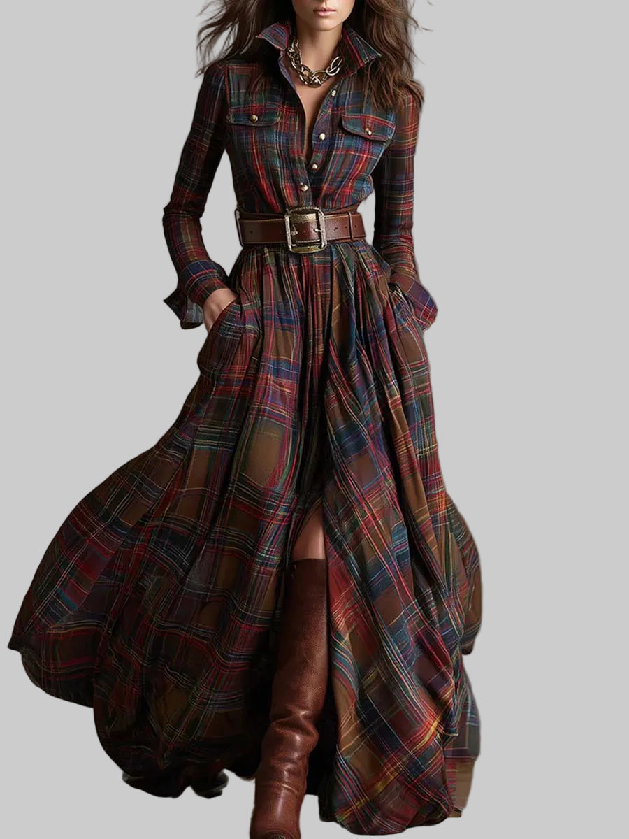 Checked Belted Maxi Shirt Dress