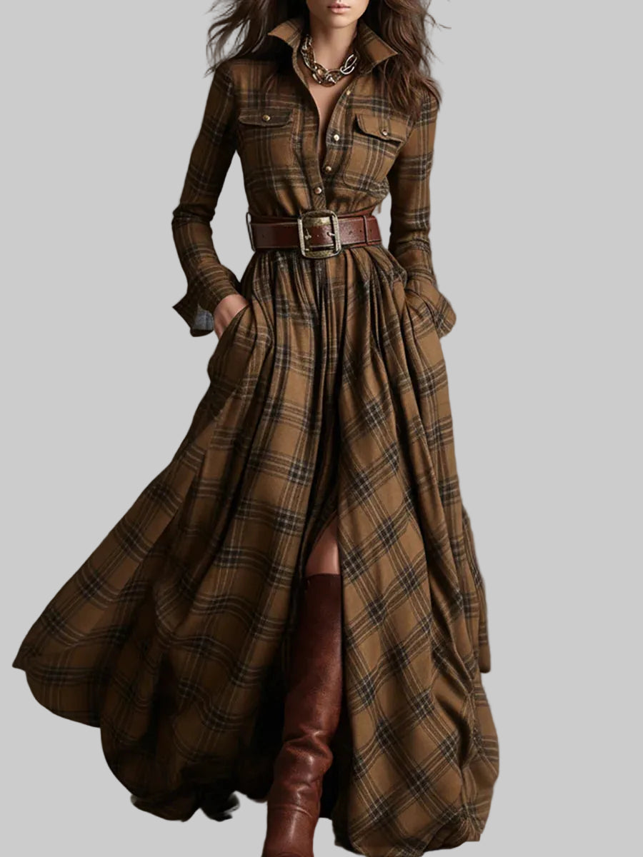 Checked Belted Maxi Shirt Dress