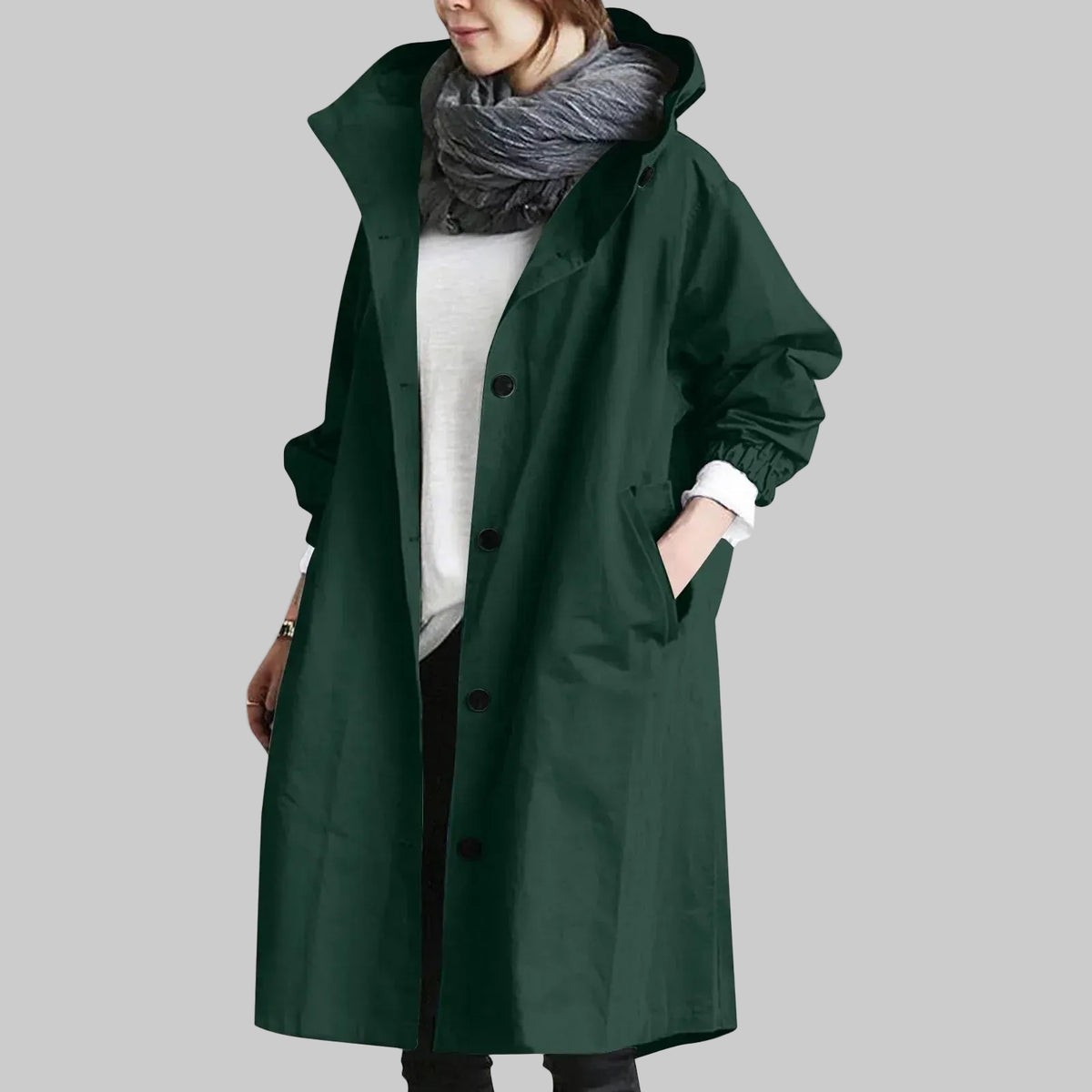 Women's Relaxed Fit Hooded Longline Trench Coat with Button Front and Pockets