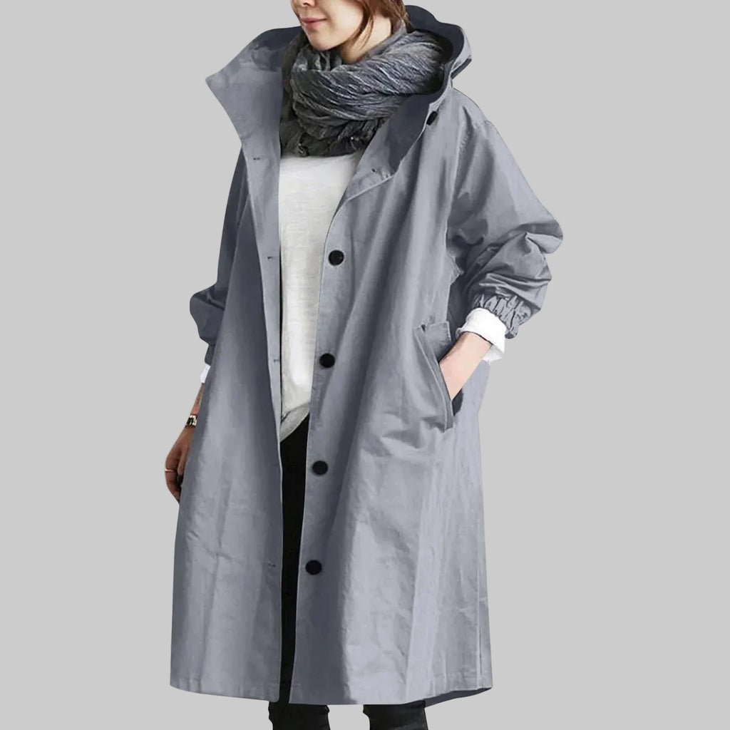 Women's Relaxed Fit Hooded Longline Trench Coat with Button Front and Pockets