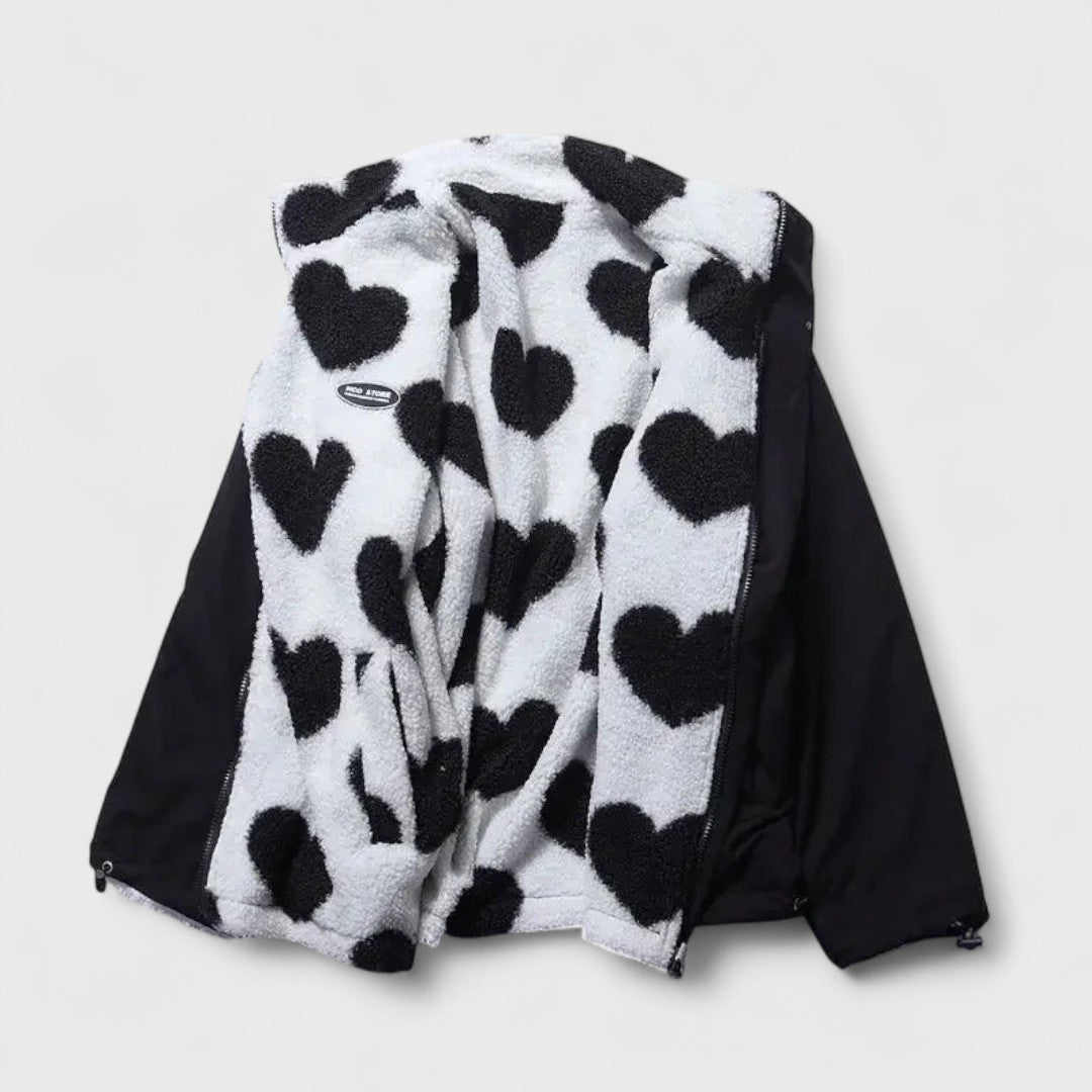 Reversible Heart Print Fleece Jacket with Zip Front and Relaxed Fit