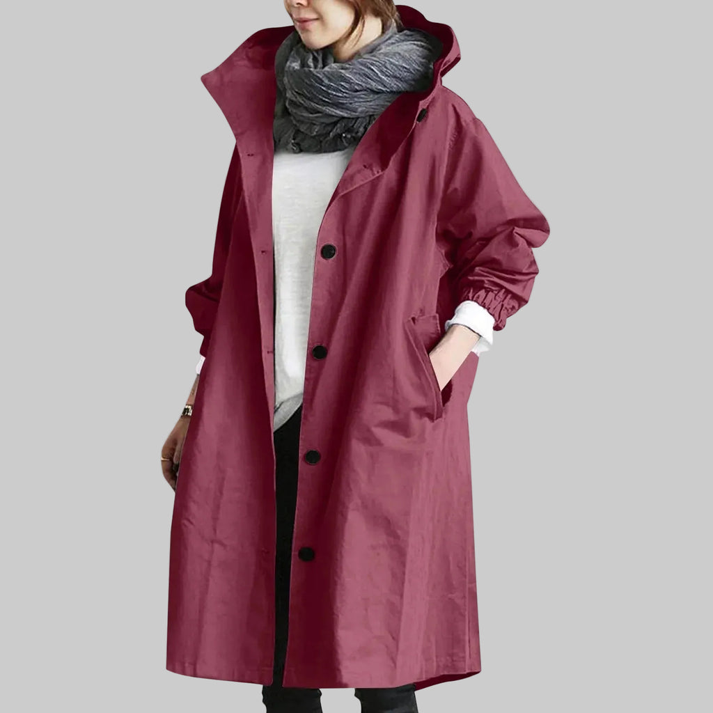 Women's Relaxed Fit Hooded Longline Trench Coat with Button Front and Pockets
