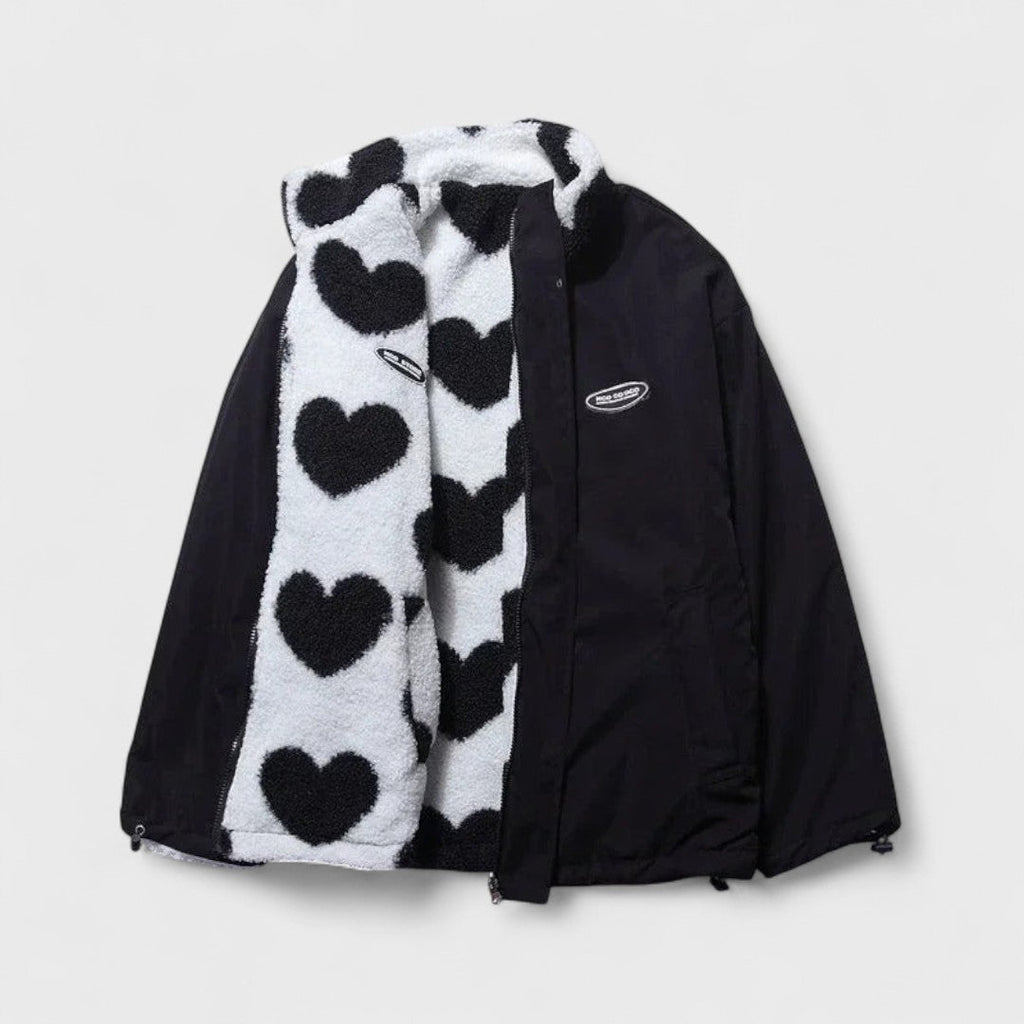 Reversible Heart Print Fleece Jacket with Zip Front and Relaxed Fit