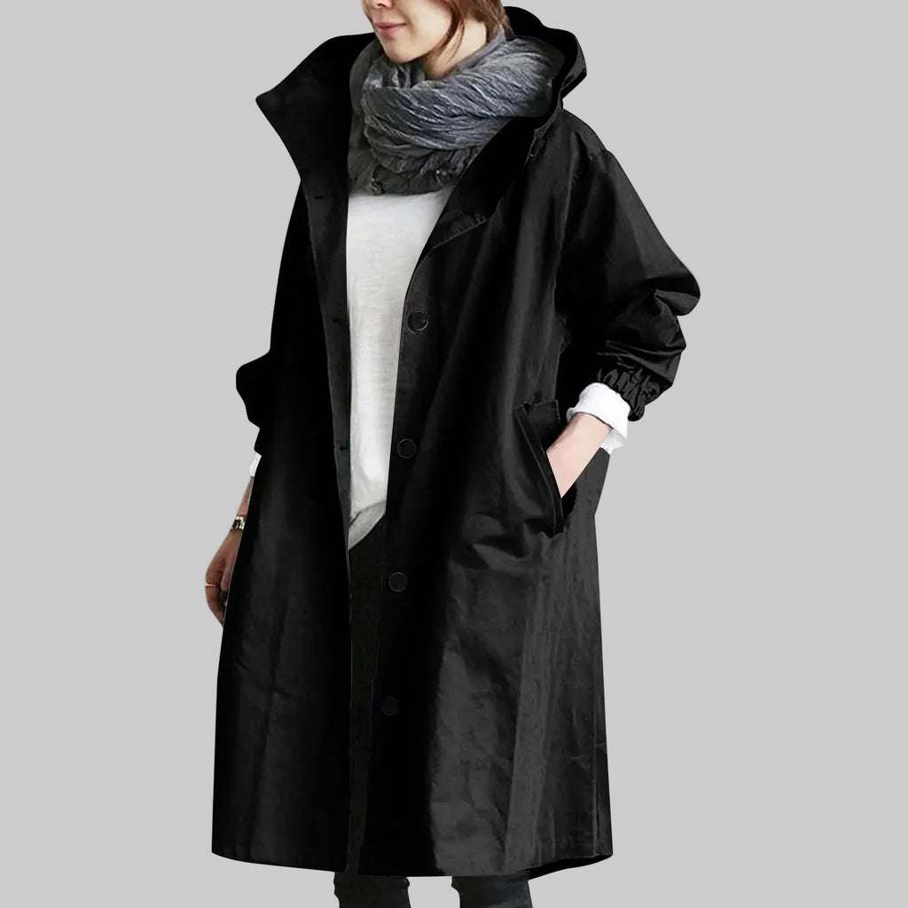 Women's Relaxed Fit Hooded Longline Trench Coat with Button Front and Pockets