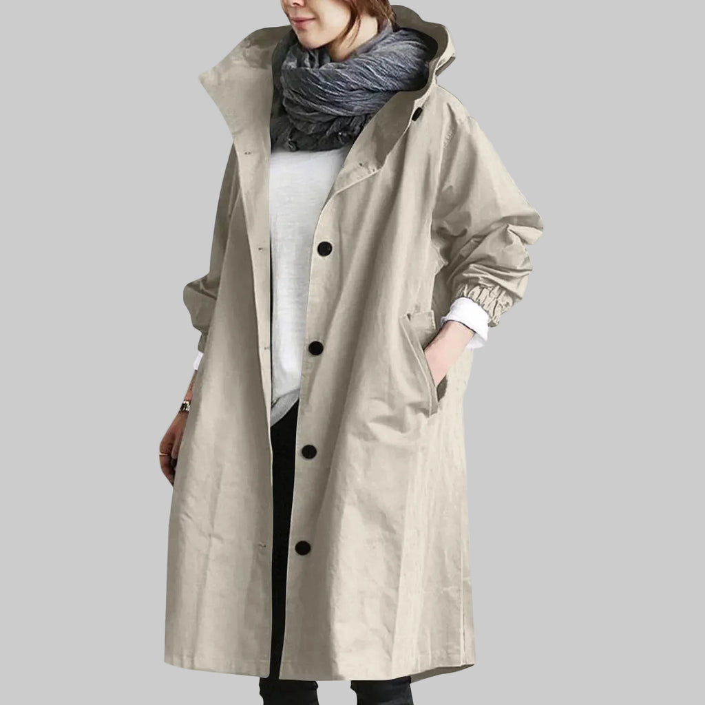 Women's Relaxed Fit Hooded Longline Trench Coat with Button Front and Pockets