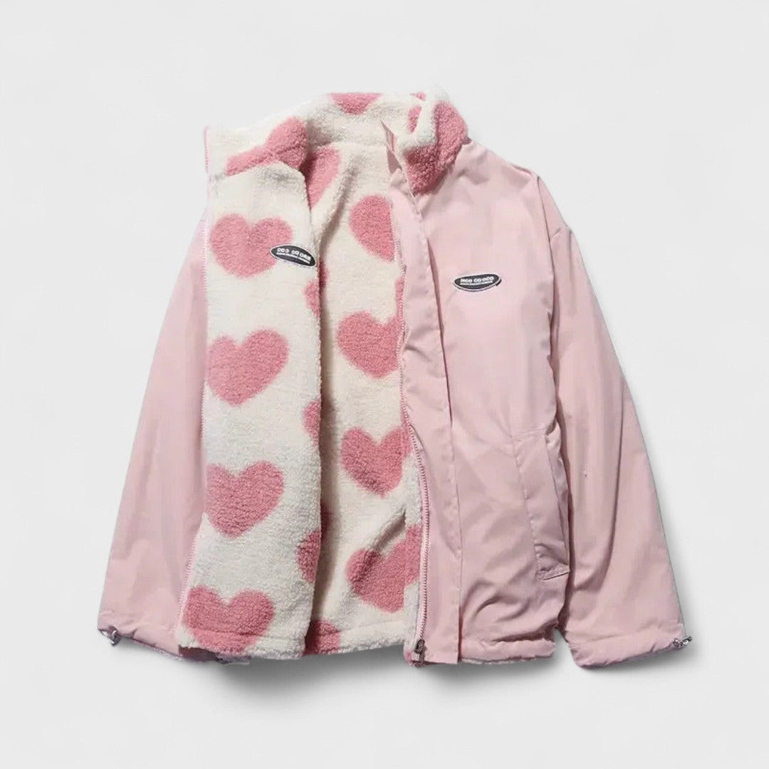 Reversible Heart Print Fleece Jacket with Zip Front and Relaxed Fit
