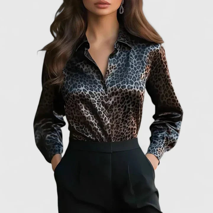 Nina Harcourt | Satin Snake Print Blouse With Point Collar