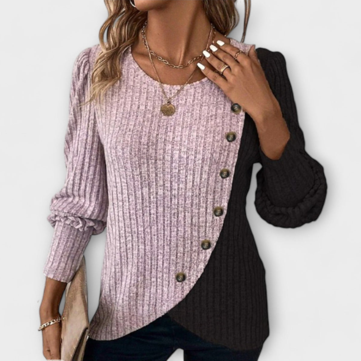 Freya Langton | Ribbed Colour Block Blouse With Button Trim