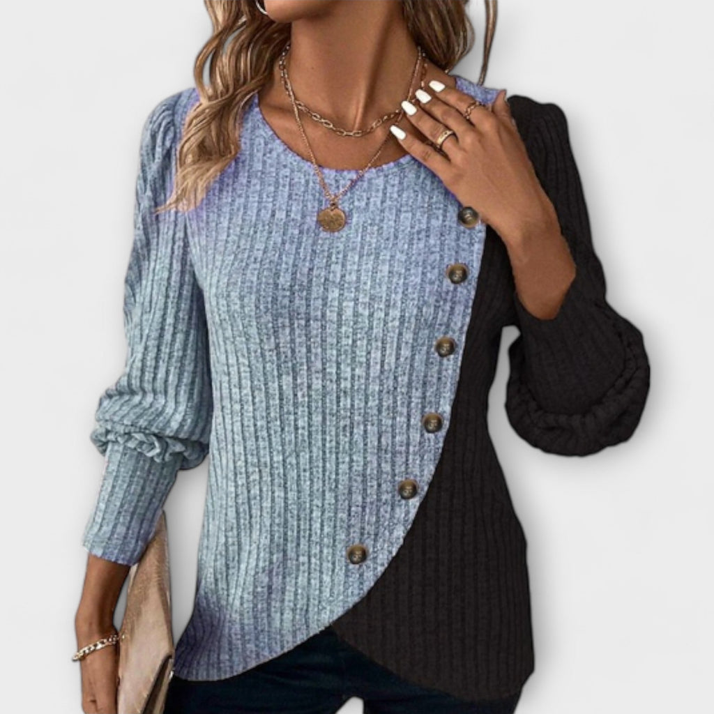 Freya Langton | Ribbed Colour Block Blouse With Button Trim