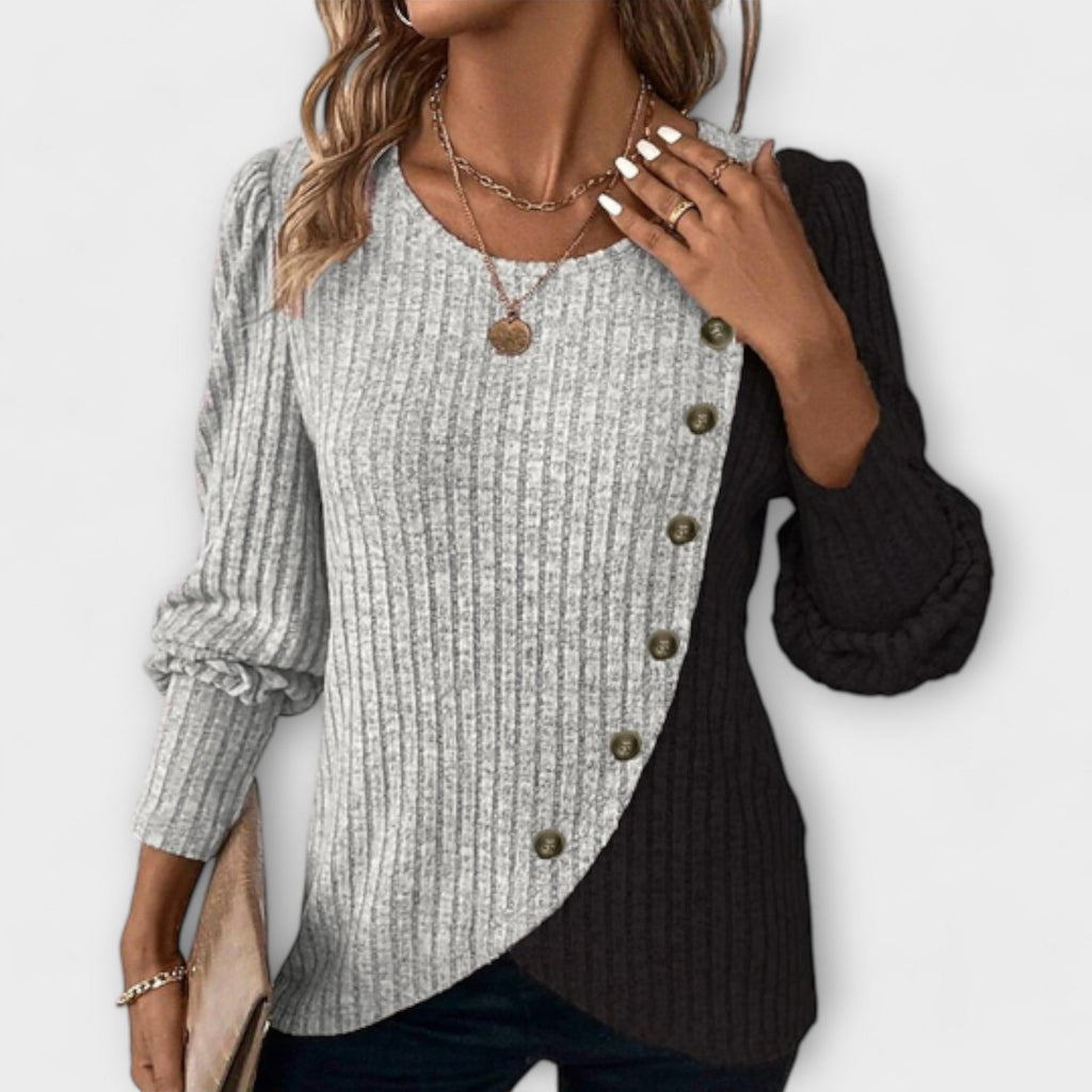 Freya Langton | Ribbed Colour Block Blouse With Button Trim