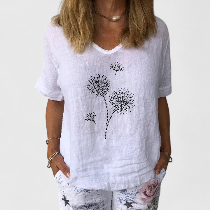 Freya Langley | Cotton-Linen Summer Blouse with Dandelion Print