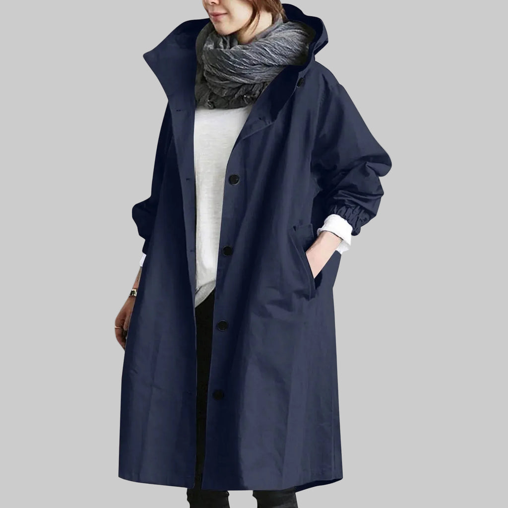 Women's Relaxed Fit Hooded Longline Trench Coat with Button Front and Pockets