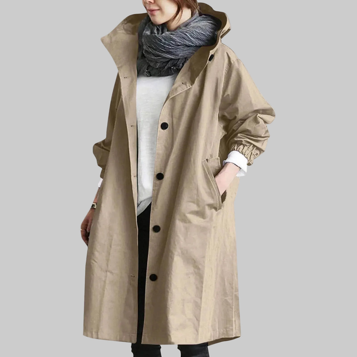 Women's Relaxed Fit Hooded Longline Trench Coat with Button Front and Pockets