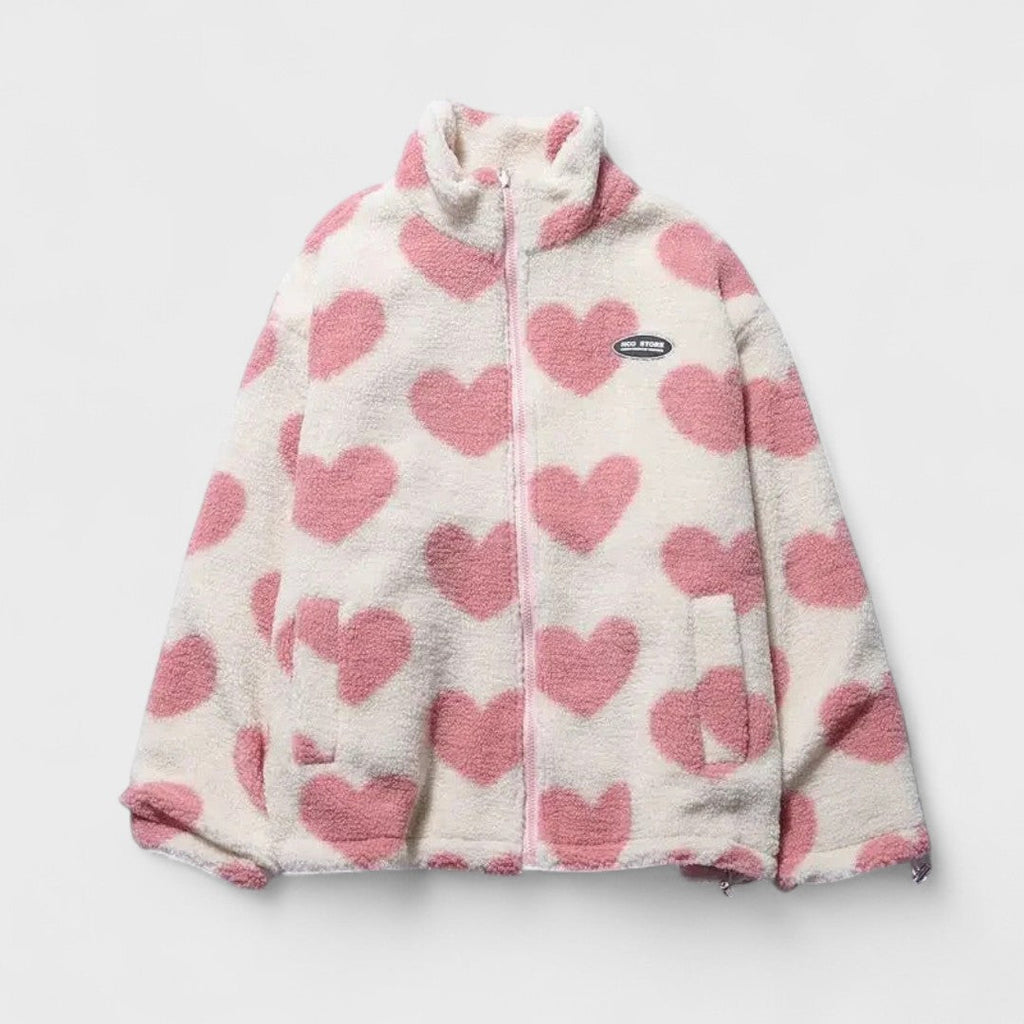 Reversible Heart Print Fleece Jacket with Zip Front and Relaxed Fit
