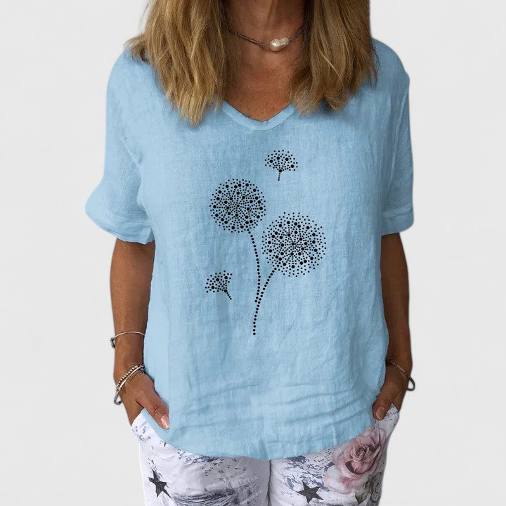 Freya Langley | Cotton-Linen Summer Blouse with Dandelion Print